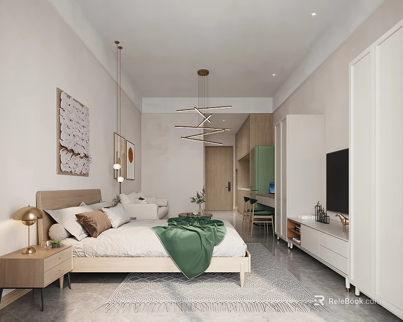 Modern Cozy Apartment Bedroom Interior With Green Throw And Chandeliers 3d model 