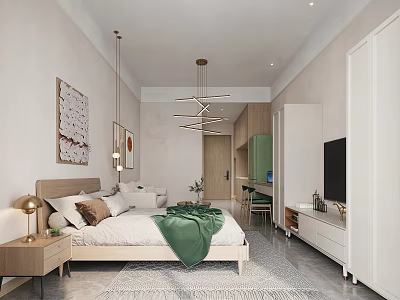 Modern Cozy Apartment Bedroom Interior With Green Throw And Chandeliers 3d model