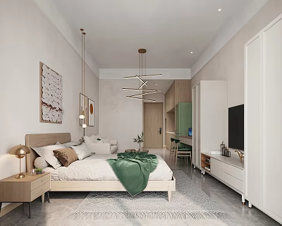 Modern Cozy Apartment Bedroom Interior With Green Throw And Chandeliers 3d model