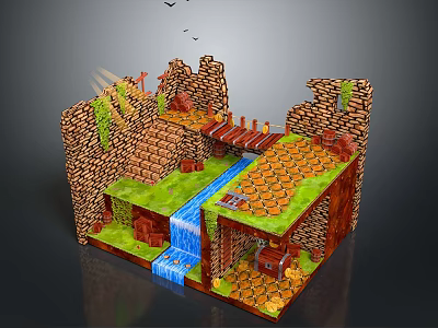 3D Brick Scene Design Featuring Stream Waterfall Bridge Grass And Platform 3d model