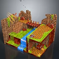 3D Brick Scene Design Featuring Stream Waterfall Bridge Grass And Platform