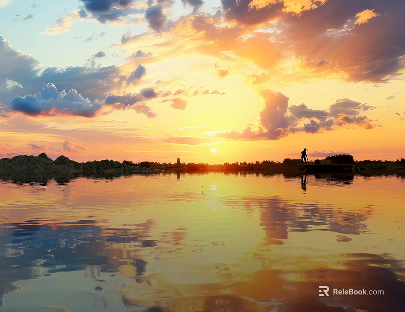 Scenic Sunset Landscape With Golden Sun Colorful Clouds Distant Land And Water Reflection 3d model 