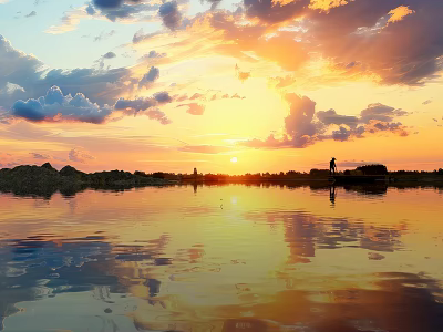 Scenic Sunset Landscape With Golden Sun Colorful Clouds Distant Land And Water Reflection 3d model