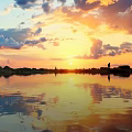Scenic Sunset Landscape With Golden Sun Colorful Clouds Distant Land And Water Reflection