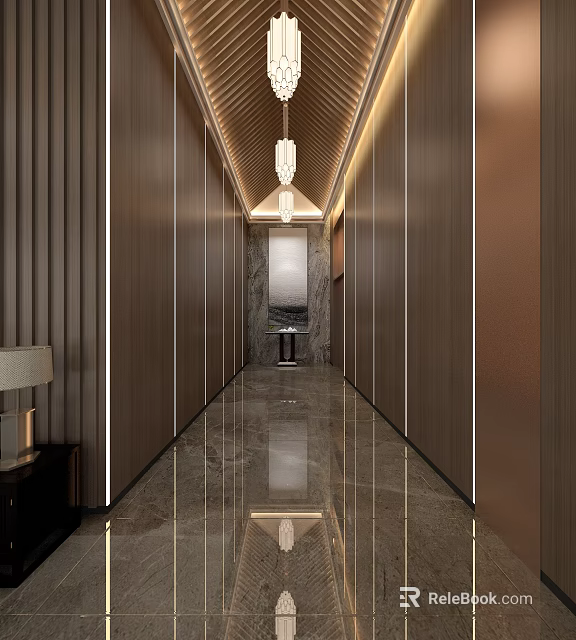 Elegant Hotel Corridor Interior Design With Wooden Walls Marble Floor And Chandeliers 3d model 