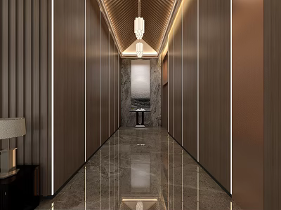Elegant Hotel Corridor Interior Design With Wooden Walls Marble Floor And Chandeliers 3d model