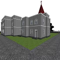 Christian Church Architecture With Red Spires Crosses Green Lawn And Stone Path