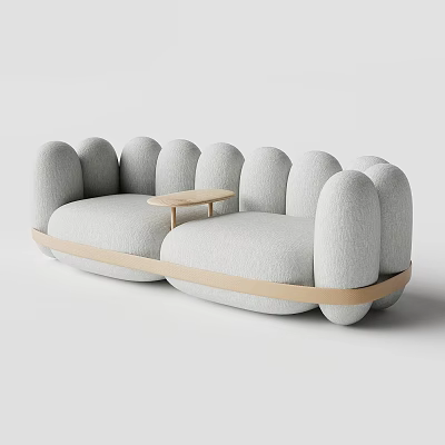 Modern Gray Fabric Two Seater Sofa With Rounded Design And Small Wooden Table 3d model