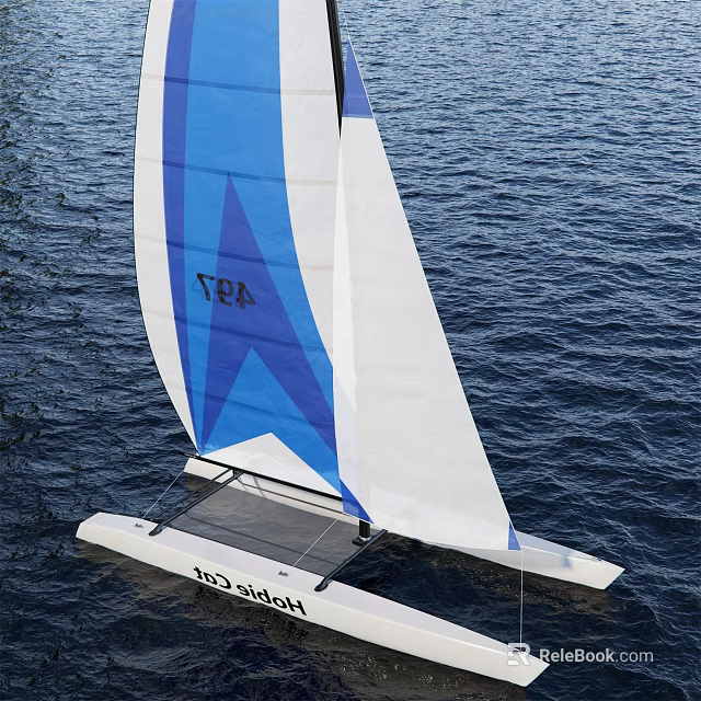 Helicat Sailboat With Blue And White Sail Featuring SEA Lettering On Water Surface 3d model 