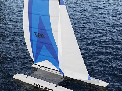 Helicat Sailboat With Blue And White Sail Featuring SEA Lettering On Water Surface 3d model