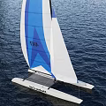 Helicat Sailboat With Blue And White Sail Featuring SEA Lettering On Water Surface
