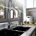 Modern Kitchen Interior Design With Gray Cabinets White Countertop Window Blinds And Oven