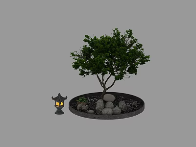 Decorative Garden Arbor With Stone Arrangement And Lit Lantern In Landscaping 3d model