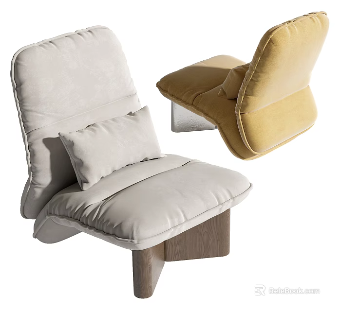 Modern Single Sofa in Light Gray and Beige with Soft Cushions and Wooden Base 3d model 