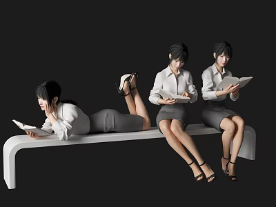 Three Women in White Shirts Gray Skirts Lying Sitting on White Bench with Documents 3d model