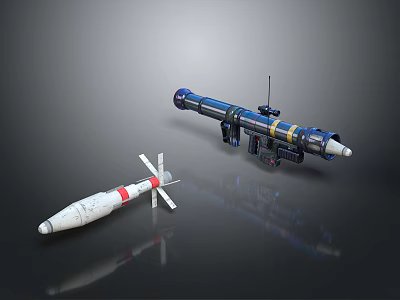Military Weapons Featuring White Red Stripe Missile With Tail Fins And Blue Yellow Torpedo Antenna Components 3d model