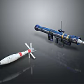 Military Weapons Featuring White Red Stripe Missile With Tail Fins And Blue Yellow Torpedo Antenna Components