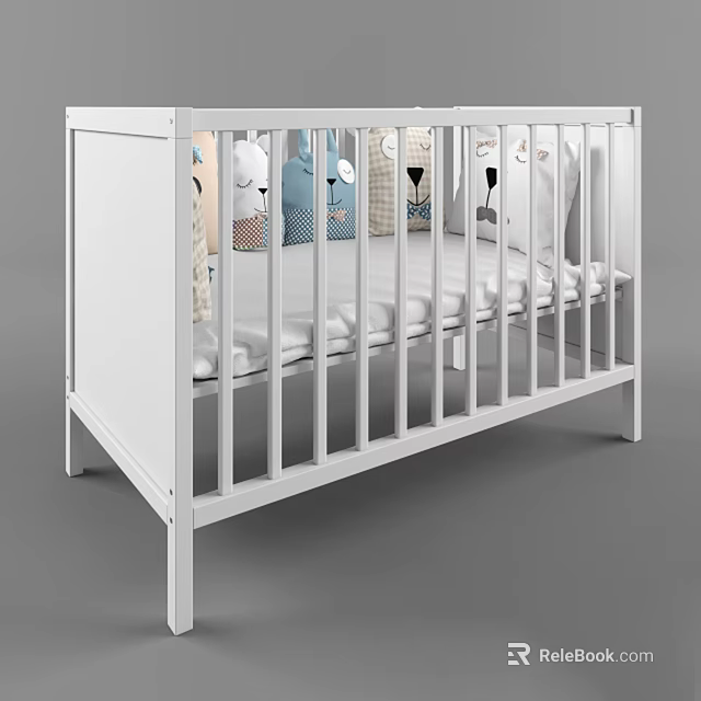 White Baby Crib With Slatted Rail Soft Mattress And Cartoon Pattern 3d model 