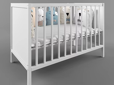 White Baby Crib With Slatted Rail Soft Mattress And Cartoon Pattern 3d model