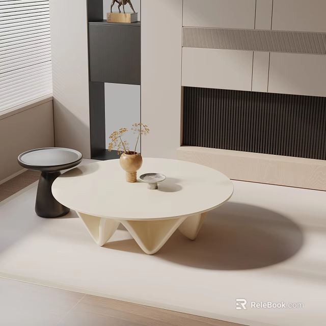 Modern Sofa and Coffee Table Set with White Round Table Black Side Table and Vase 3d model