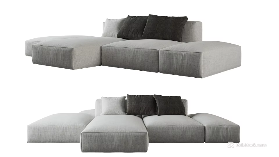 Modern Gray Fabric Modular Sectional Sofa With Black And Light Colored Cushions 3d model