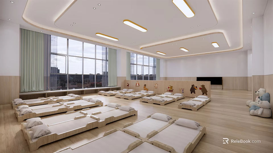 Bright Kindergarten Naptime Room With Many Small Beds And Large Windows 3d model
