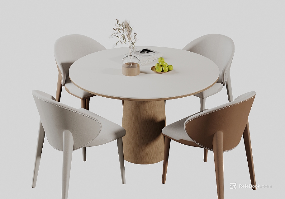Modern Round Dining Table Set With Wooden Base And Mixed Color Upholstered Chairs 3d model 