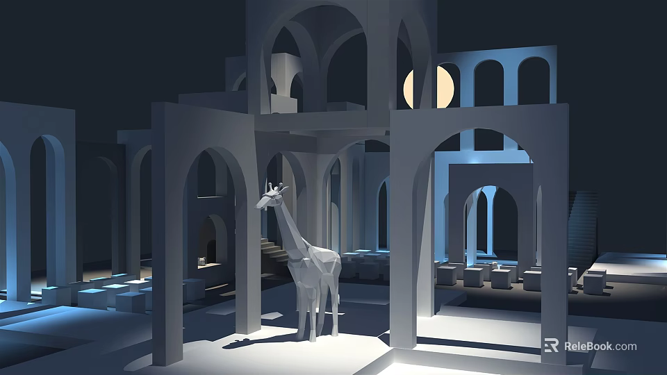Modern Banquet Hall Interior With Arched Structures Geometric Giraffe And Moonlight Lighting 3d model