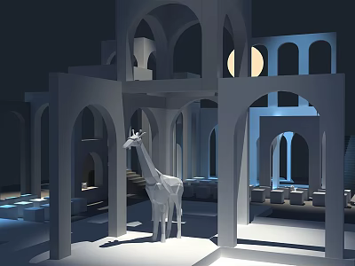 Modern Banquet Hall Interior With Arched Structures Geometric Giraffe And Moonlight Lighting 3d model