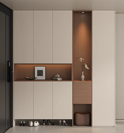 Modern Shoe Cabinet Design With Built in Lighting And Decorative Shelves 3d model