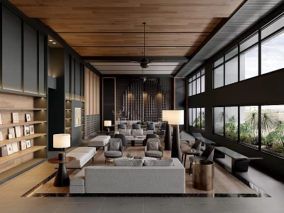 Modern Sales Office Interior Design With Wooden Ceiling Large Windows Bookshelves And Sofa Seating Area 3d model