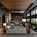 Modern Sales Office Interior Design With Wooden Ceiling Large Windows Bookshelves And Sofa Seating Area