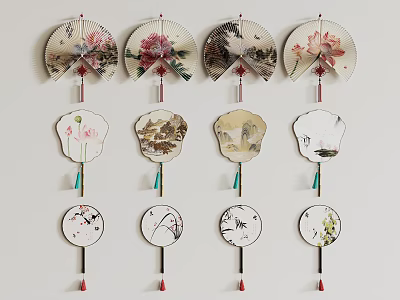 Traditional Chinese Fan Wall Hangings With Art Patterns 3d model