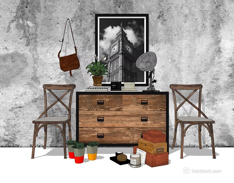 Vintage Industrial Entryway Interior With Wooden Console Cabinet Two Chairs Framed Artwork And Decorative Items 3d model 