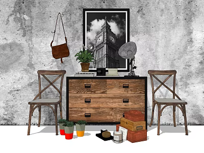 Vintage Industrial Entryway Interior With Wooden Console Cabinet Two Chairs Framed Artwork And Decorative Items 3d model