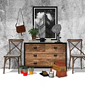 Vintage Industrial Entryway Interior With Wooden Console Cabinet Two Chairs Framed Artwork And Decorative Items