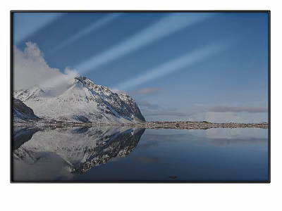 Scenic Snowy Mountain Landscape With Lake Reflection And Blue Sky Sunlight 3d model
