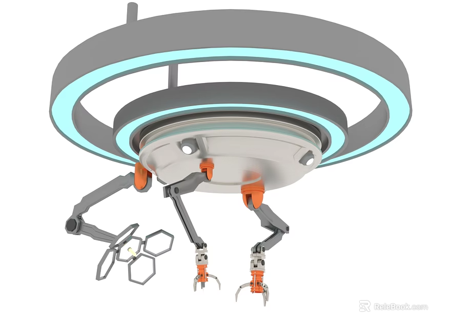 Gray Circular Robotic Device With Blue Halo Ring Light And Multiple Orange Jointed Arms 3d model