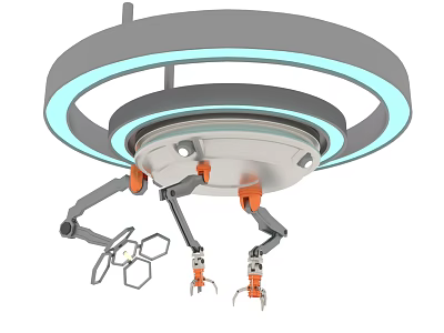 Gray Circular Robotic Device With Blue Halo Ring Light And Multiple Orange Jointed Arms 3d model