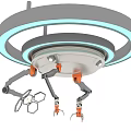 Gray Circular Robotic Device With Blue Halo Ring Light And Multiple Orange Jointed Arms 3d model