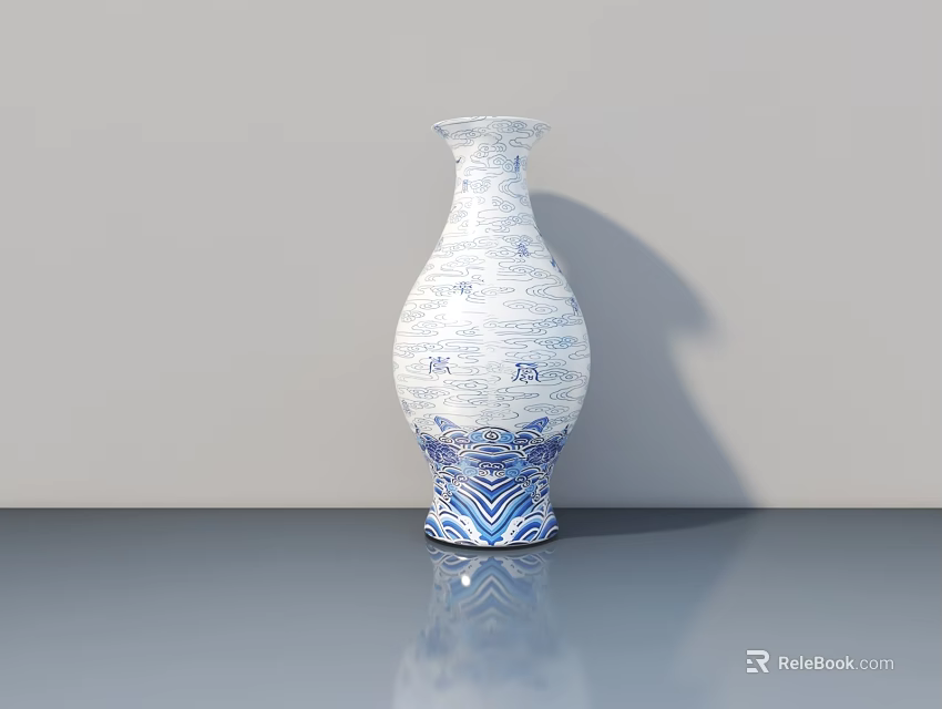 Blue and White Vase With Floral Patterns On Grey Tabletop With Reflection 3d model 