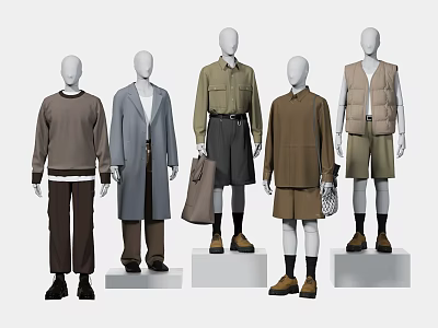 Mannequins Displaying Stylish Outfits With Coats Shirts Vests Shorts and Bags 3d model