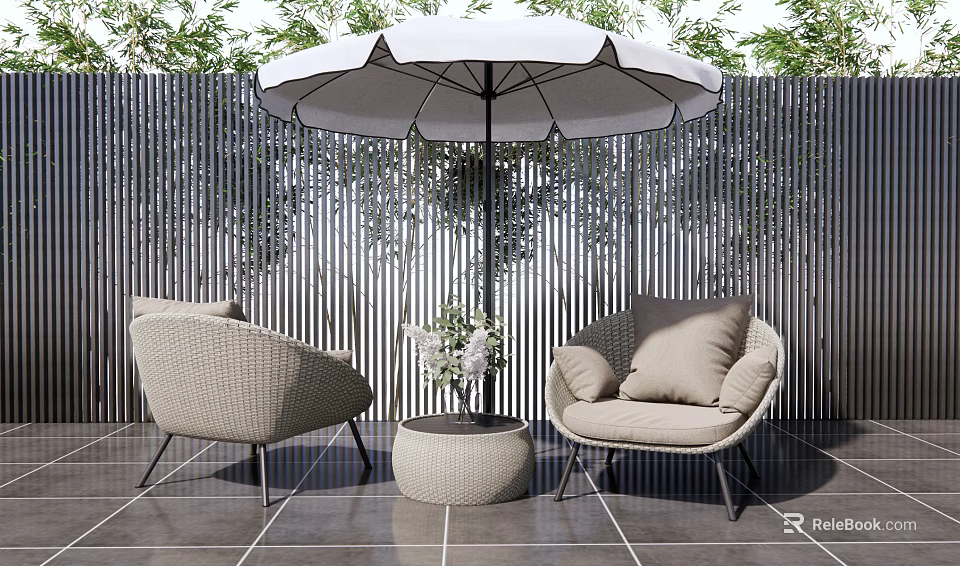 Modern Cozy Outdoor Table Design With Rattan Chairs Umbrella And Green Garden Plants 3d model 