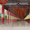 Ancient Chinese Architecture with Green Roofs and Red Doors by Water in Rainy Mountain View