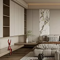 Modern Bedroom Interior With Bed Bench Marble Painting Rug And Floor To Ceiling Window