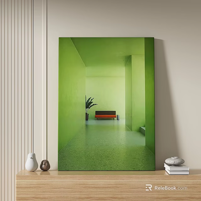 Abstract Painting of Green Corridor Interior With Red Sofa and Potted Plant 3d model 