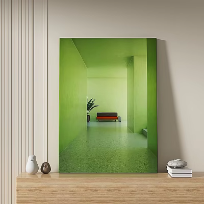 Abstract Painting of Green Corridor Interior With Red Sofa and Potted Plant 3d model