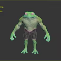 Green Frog With Muscular Body Wearing Black Shorts And Yellow Eyes On Gray Background
