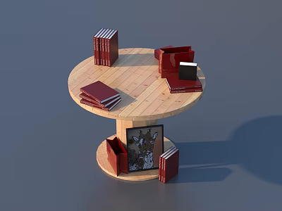 Round Wooden Table with Red Stacked Books and Lower Shelf Decor 3d model