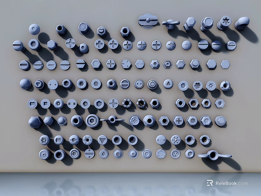 Assorted Hardware Tools Parts Neatly Arranged in Organized Layout With Various Sizes and Shapes 3d model 